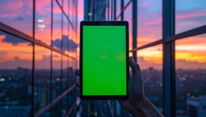 Hand holding a green screen tablet against a vibrant sunset cityscape view from a skyscraper