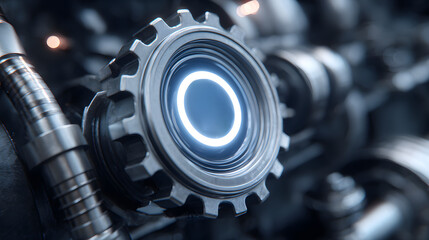 A close-up view of a mechanical gear with a glowing center, showcasing intricate details typical of modern engineering and design.