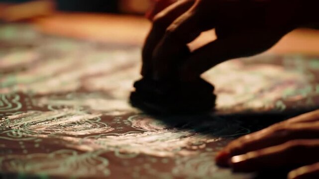 Skilled artisan's hands carefully imprinting an intricate, traditional pattern onto dark fabric with a printing block