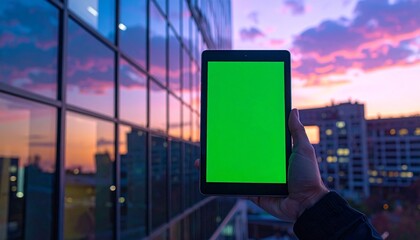 Hand holding tablet with green screen, sunset background.