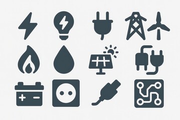 Comprehensive electricity icon collection featuring modern solid glyphs for power energy voltage current battery plug socket cable and safety with clean consistent grid and pixel perfect edges