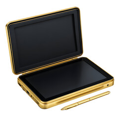 Gold tablet computer with stylus on transparent background