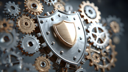 A metallic shield surrounded by intricate gears, symbolizing protection and machinery, set against a dark background.