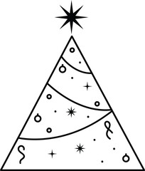 Stylized Christmas Tree Icon with Star and Ornaments in Black and White Outline symbol holiday