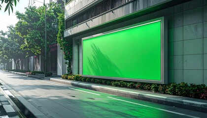 Large green screen billboard mockup on a modern building facade next to a city street with a green bike lane.