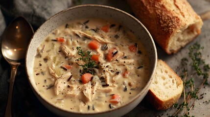 Creamy chicken and wild rice soup is served in a rustic bowl, alongside a crusty baguette with a sprig of herbs, showcasing a comforting and inviting culinary experience.