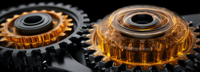 A close-up of interlocking gears with a shiny, amber-like appearance, showcasing mechanical intricacy and design.