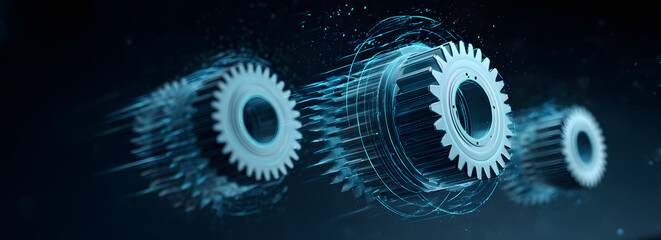 A futuristic depiction of gears in motion, emphasizing technology and innovation with dynamic visual effects.