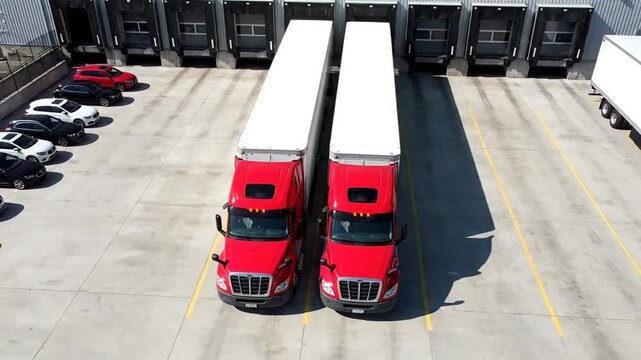Aerial View: Red Trucks at Loading Docks, Logistics and Transportation