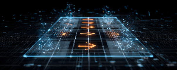 An abstract representation of a digital interface with illuminated directional arrows and dynamic water-like effects, set against a dark background.