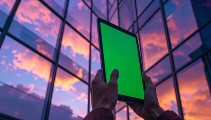 Tablet with Green Screen Held Against Glass Building Reflecting Sunset Sky