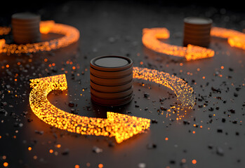 A visually striking image featuring glowing arrows around a central stack of coins, symbolizing currency flow and financial concepts in a digital environment.