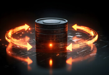 A futuristic depiction of a rotating data storage device surrounded by glowing arrows, symbolizing data transfer and technology.