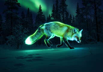 A fox, glowing with an ethereal green light, walks across a snowy landscape under the aurora borealis in a forest at night.