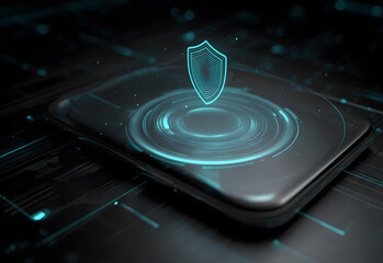A sleek smartphone displays a vibrant, digital shield graphic, symbolizing cybersecurity and protection in a high-tech environment.