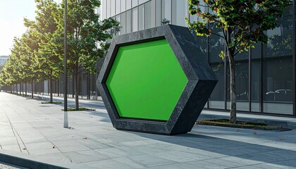 Green Hexagon Sign with Trees and Modern Building