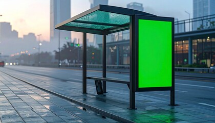 Modern Bus Stop Shelter with Green Screen Billboard in Urban Cityscape at Dusk