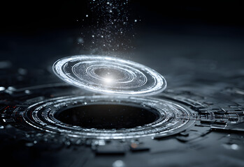 A futuristic scene depicting a glowing, spinning disk above a dark surface, surrounded by shimmering particles, evoking a sense of technology and mystery.