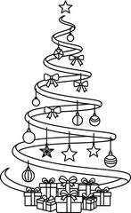 Black and white line art illustration of a Christmas tree made of ribbon with ornaments and gift boxes Keywords: Christmas tree, outline, line art, illustration, ribbon, decoration, ornaments