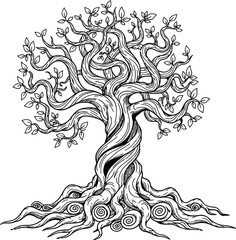 Detailed Black and White Illustration of a Twisted Tree with Leaves and Swirling Roots branches
