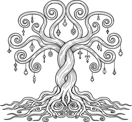 Whimsical Twisted Tree with Gemstone Ornaments and Swirling Roots branches