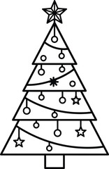 Simple Outline of a Decorated Christmas Tree with Star and Ornaments vector illustration