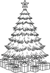 Outline of a Pine Christmas Tree Surrounded by Gift Boxes with Bows gifts
