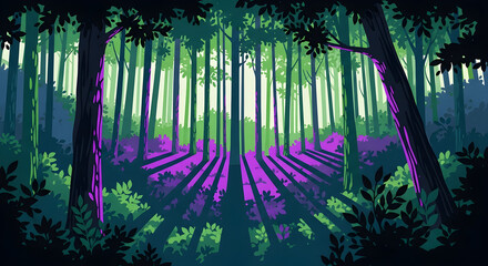 Enchanted forest with vibrant purple light filtering through tall trees, creating a magical and mysterious atmosphere