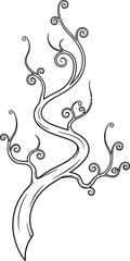 Stylized Swirling Tree Branch Outline with Curly Tendrils and Leaves vine