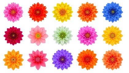 Collection of Colorful Dahlia Flowers Isolated on a White Background