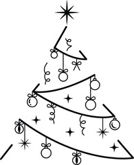 Black and white line drawing of a stylized Christmas tree decorated with ornaments and stars on a white background