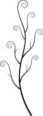 Simple black silhouette of a plant stem with curly branches and small twigs on a white background vector