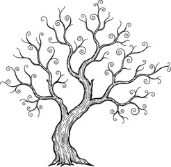 Detailed black and white line drawing of a textured, gnarled tree with curly branches on a white background