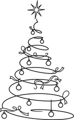 Stylized Black and White Line Art Christmas Tree Decorated with Ornaments and Ribbons Keywords: Christmas tree, outline, line art, decoration, ornament, ribbon, star, festive, holiday, celebration