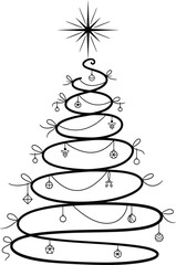 Stylized Black and White Line Art Christmas Tree Decorated with Ornaments and a Star Topper holiday festive