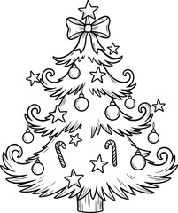 Black and white line art illustration of a decorated Christmas tree with a bow and candy canes outline
