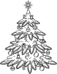 Black and white drawing of a snow-covered Christmas tree adorned with ornaments and ribbons outline illustration