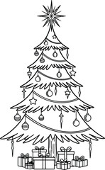 Black and white outline drawing of a decorated Christmas tree with presents underneath illustration holiday