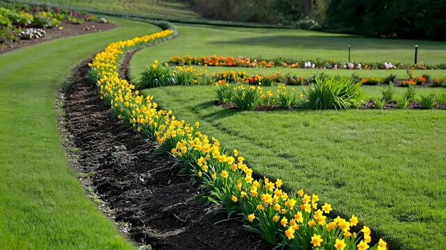 Blooming yellow daffodil flowers in a winding garden path, a beautiful spring nature landscape, sunny day outdoor footage.