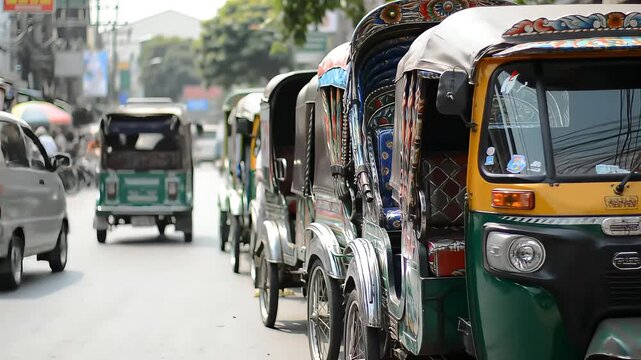 Colorful Auto Rickshaws Lined Up on a Busy Urban Street in Asia Vibrant City Traffic Scene Featuring Traditional Three Wheelers and Decorated Tuk Tuks