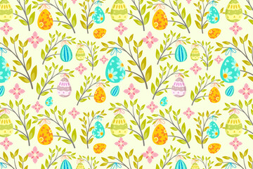 Easter eggs hanging from branches with leaves and pink flowers