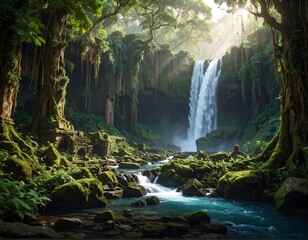 Fototapeta premium A serene and vibrant waterfall scene nestled in a lush and ancient forest