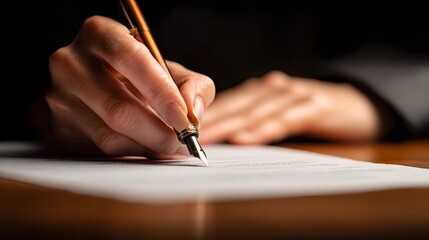 Detailed image captures a person's hand gracefully holding a fountain pen, poised to write on a pristine white sheet of paper, set against a blurred background, evoking a sense of sophistication 