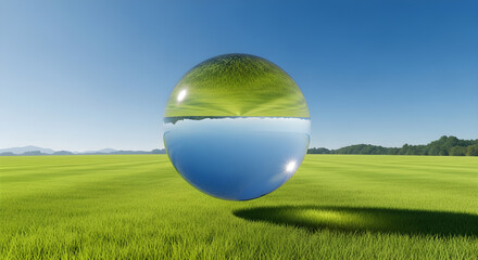 Floating Crystal Sphere Capturing a Mirrored Landscape of Lush Fields and Azure Skies with Optical Illusion