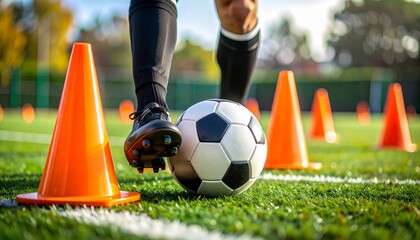 Soccer Training Drills with Cones and Ball on Green Field