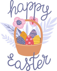 Easter basket with decorated eggs and flowers Happy Easter text