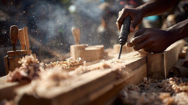 Hand-held power drill being used to bore into a wooden plank, creating a cascade of sawdust particles in a carpentry workshop, capturing the craftsmanship and precision of woodworking.