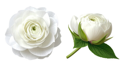  Two Distinct White Hydrangea Blooms Side by Side in Contrasting Designs isolated on transparent background.
