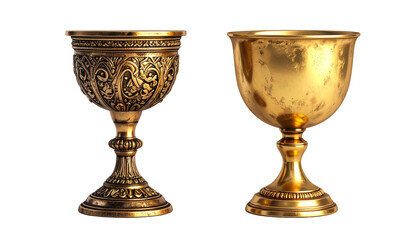  Two Elegant Golden Chalices Side by Side in Distinct Shapes isolated on transparent background.