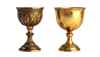  Two Elegant Golden Chalices Side by Side in Distinct Shapes isolated on transparent background.